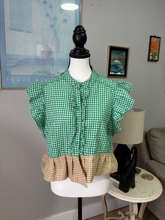 Chaps Tops - Chaps Green Gingham Ruffle Peplum Top with Tan Hem